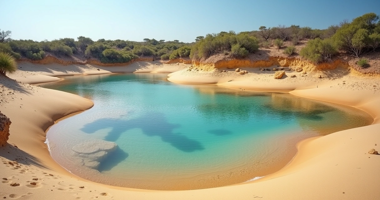 Piscinas naturais na Praia das Conchas, águas transparentes, bancos de areia, ambiente deserto e paisagem tranquila. 
