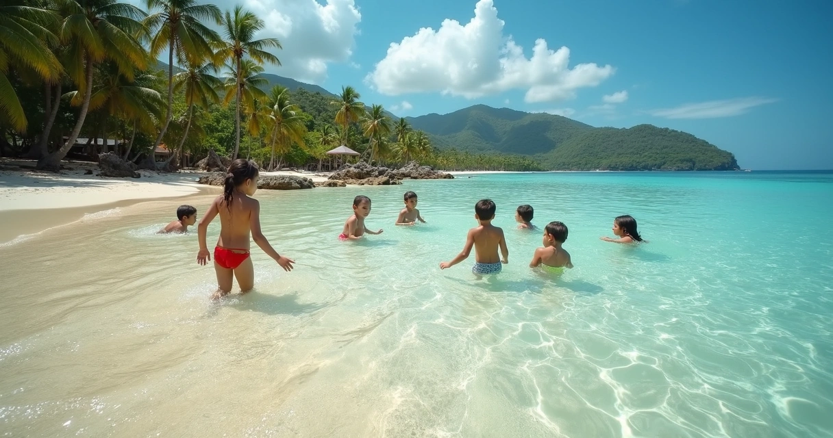 Piscinas naturais formadas na maré baixa com crianças brincando 