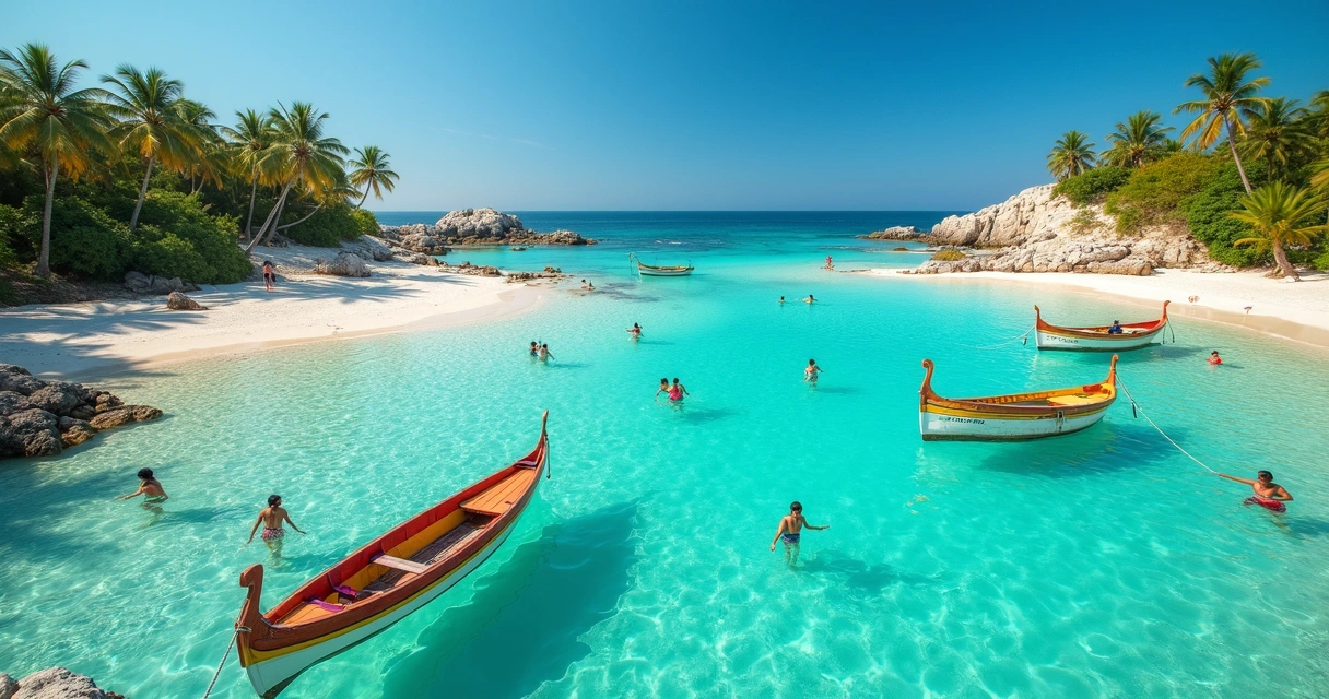 Piscinas naturais com turistas e jangadas no mar raso de São Miguel dos Milagres 
