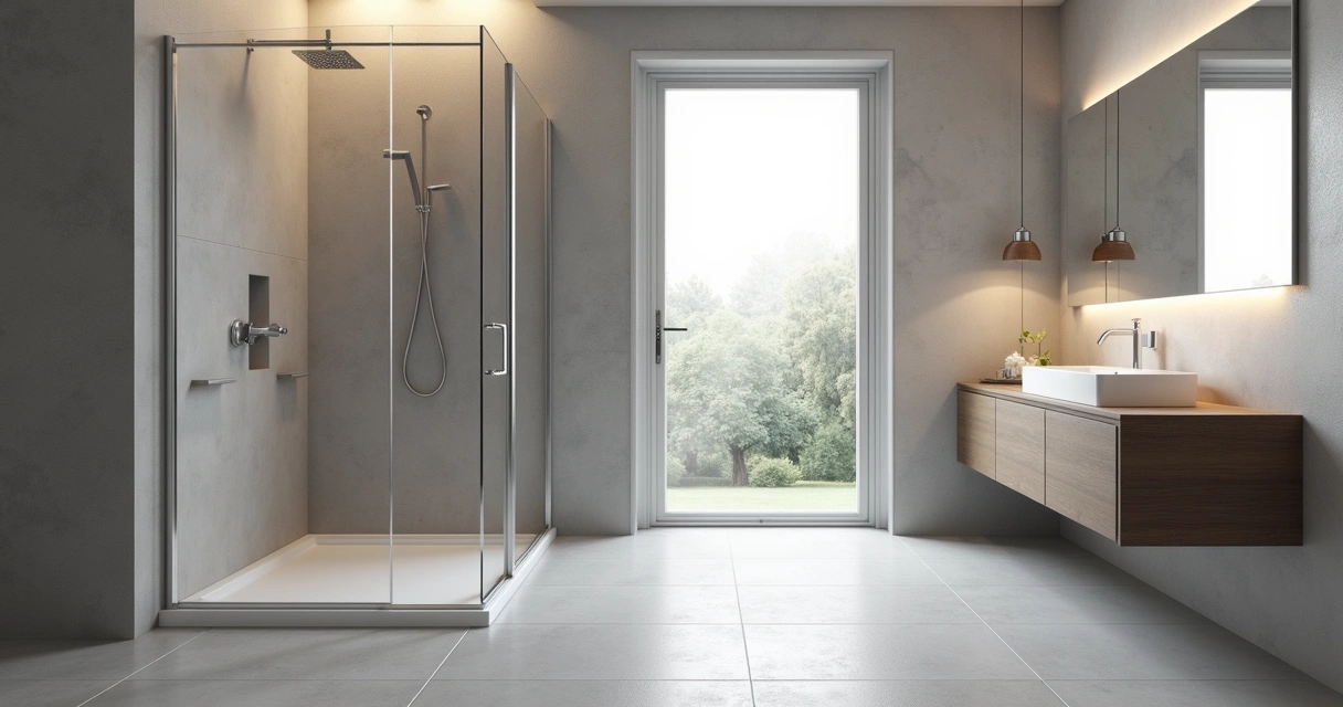 Porcelanato antiderrapante em banheiro moderno com iluminação natural 