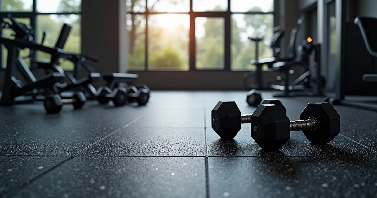 Piso de borracha preto e colorido em academia de musculação com pesos 