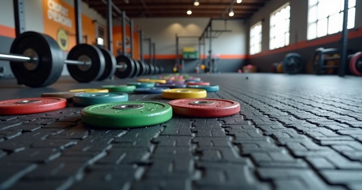 Detalhe do piso de borracha de alta densidade em ambiente de CrossFit, com barras e pesos no chão 