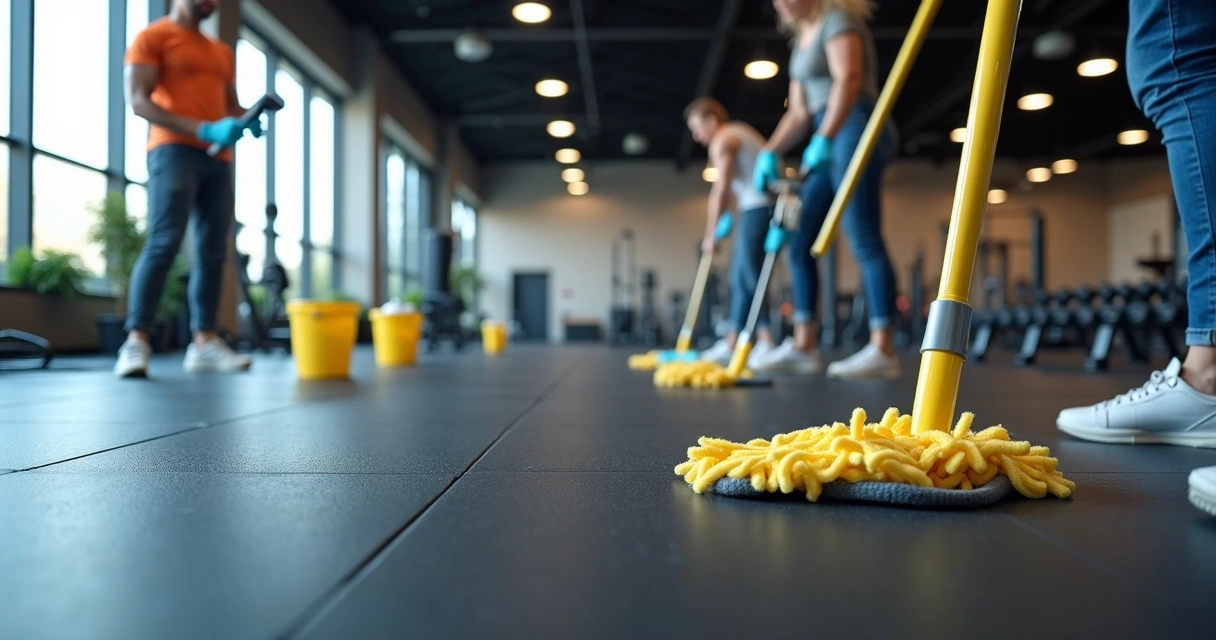 Equipe limpando piso de borracha em academia 