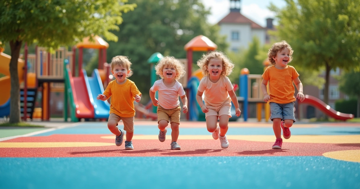 Crianças brincando em playground com piso de borracha colorido e equipamentos 