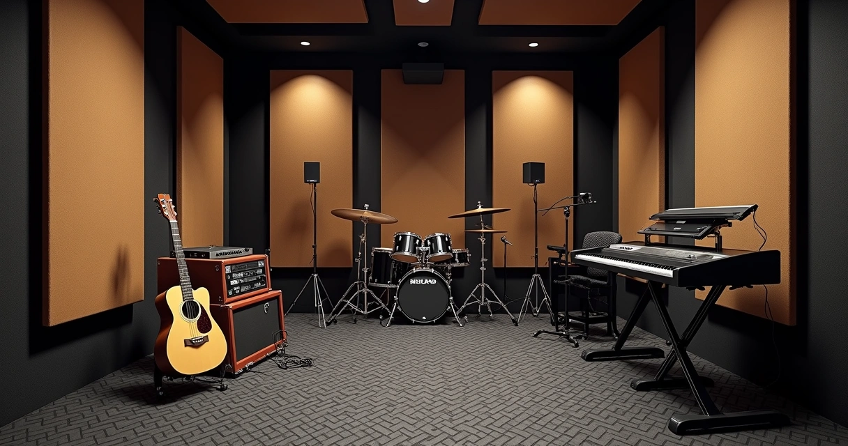 Piso de borracha instalado em sala de música com instrumentos 
