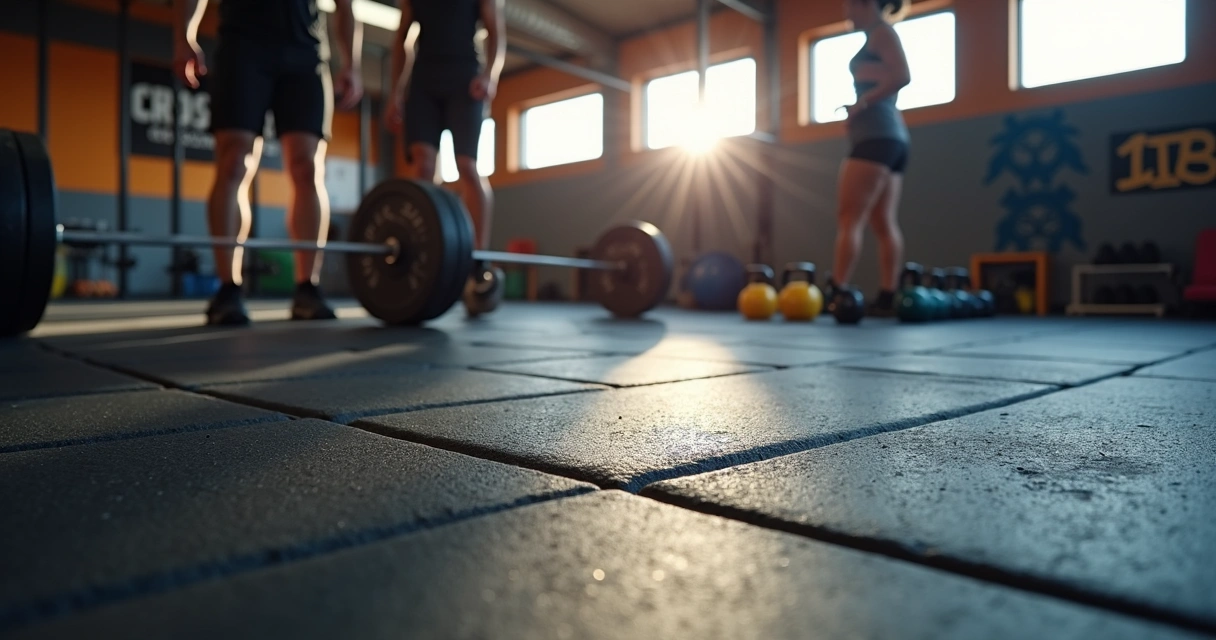 Homem fazendo levantamento de peso em piso de borracha reciclada para CrossFit 