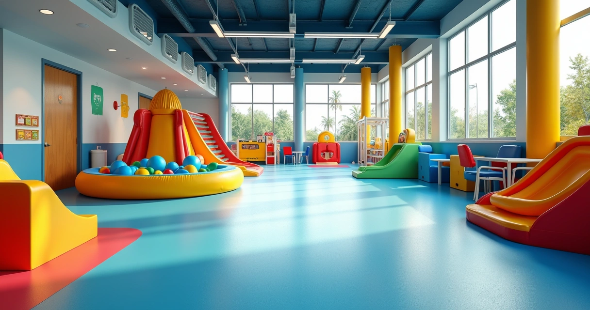 Piso nivelado com brinquedo recreativo em buffet