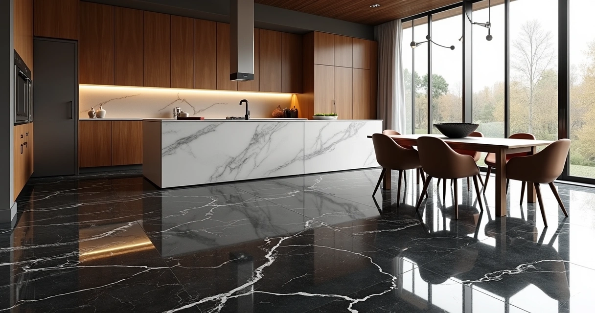 Cozinha com piso de mármore escuro 