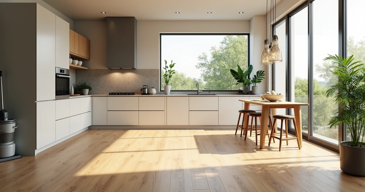 Cozinha moderna com piso vinílico resistente à água 