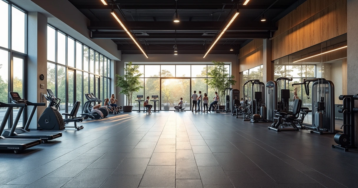 Piso ecológico instalado em uma academia moderna com equipamentos e pessoas treinando 