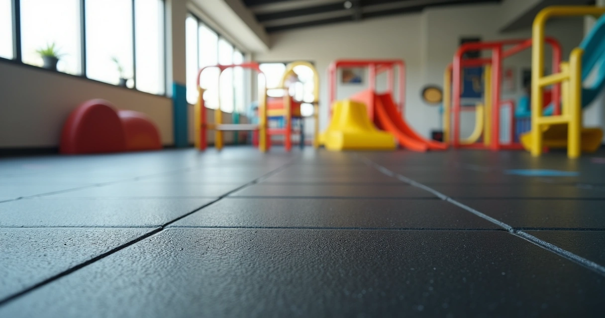 Ambiente interno com piso emborrachado preto e decoração moderna 