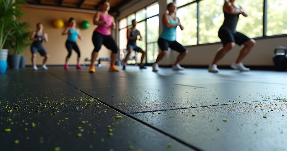 Academia com piso emborrachado Zanflex e pessoas treinando com segurança 