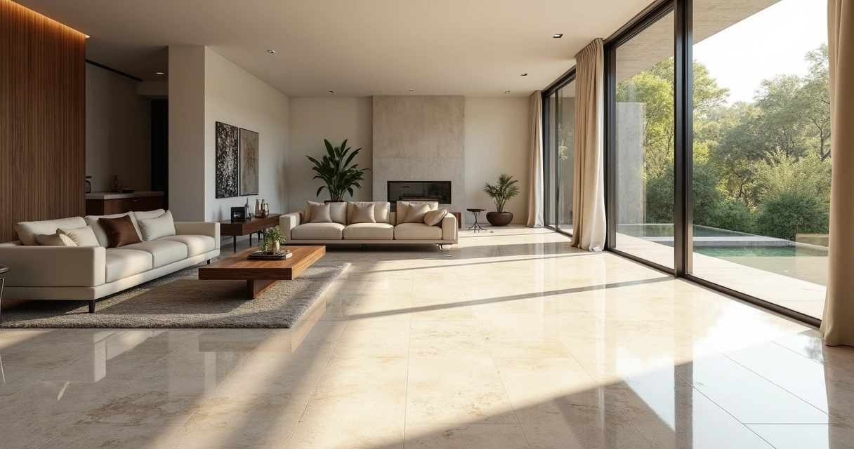 Piso de granito em sala residencial ampla e iluminada 