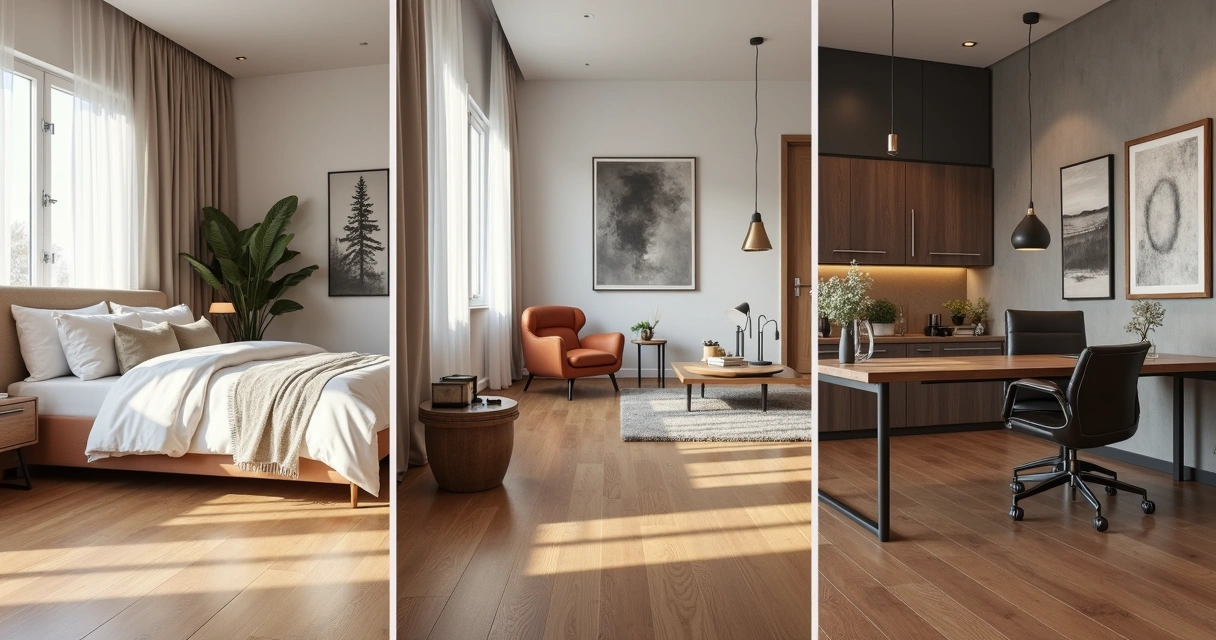 Ambientes diferentes com piso laminado em tons variados