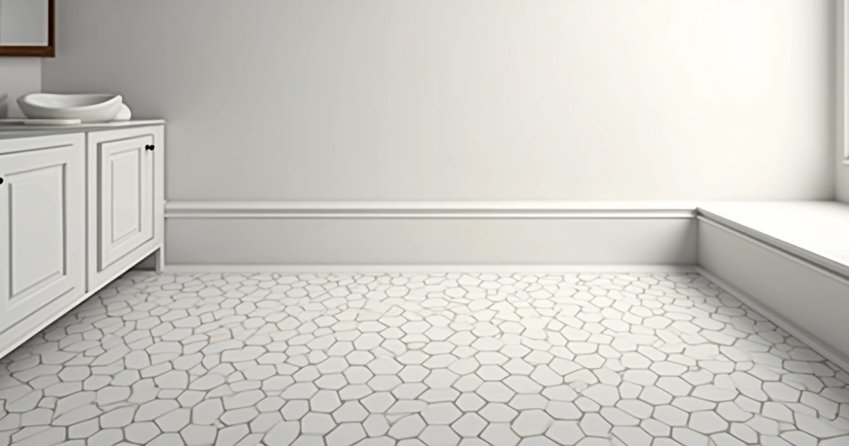 Porcelanato hexagonal claro e escuro no piso do banheiro. 