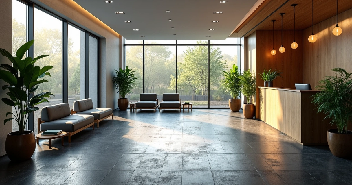 Recepção de espaço funcional com piso de borracha preto, plantas e luz natural 