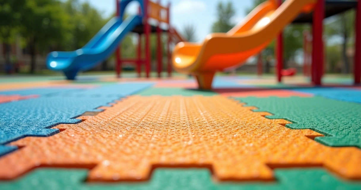 Piso emborrachado colorido em área infantil externa