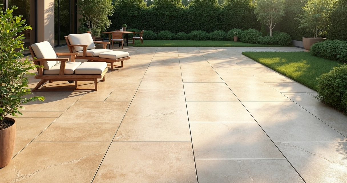 Travertino em piso de área externa iluminada 