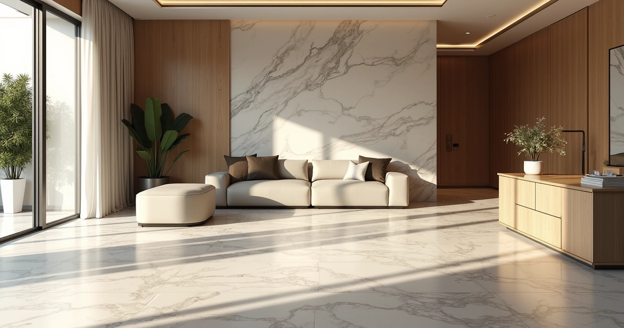 Piso residencial amplo revestido com mármore Branco Paraná 