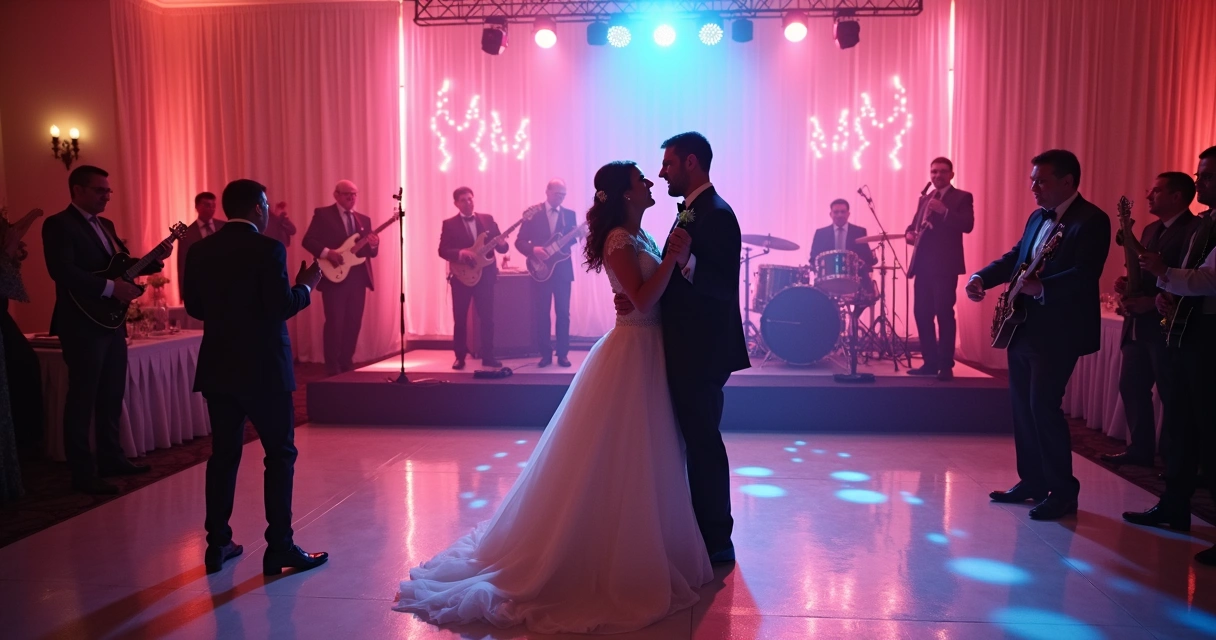 Noivos e convidados dançando em pista iluminada com banda ao fundo 