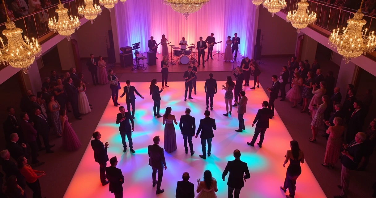 Convidados dançando em pista iluminada, banda ao fundo 