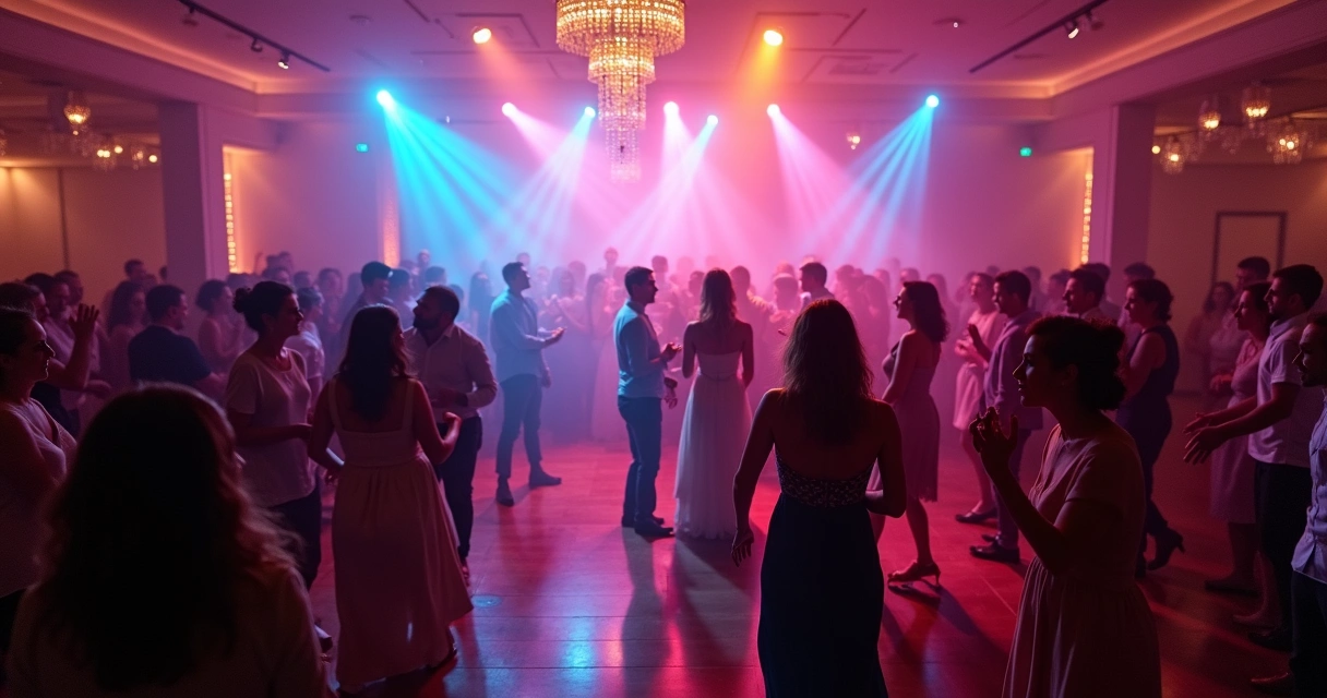 Convidados dançando animados em festa com banda ao vivo 