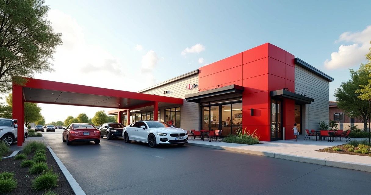 Área externa do restaurante In-N-Out com pista drive-thru e pátio coberto 