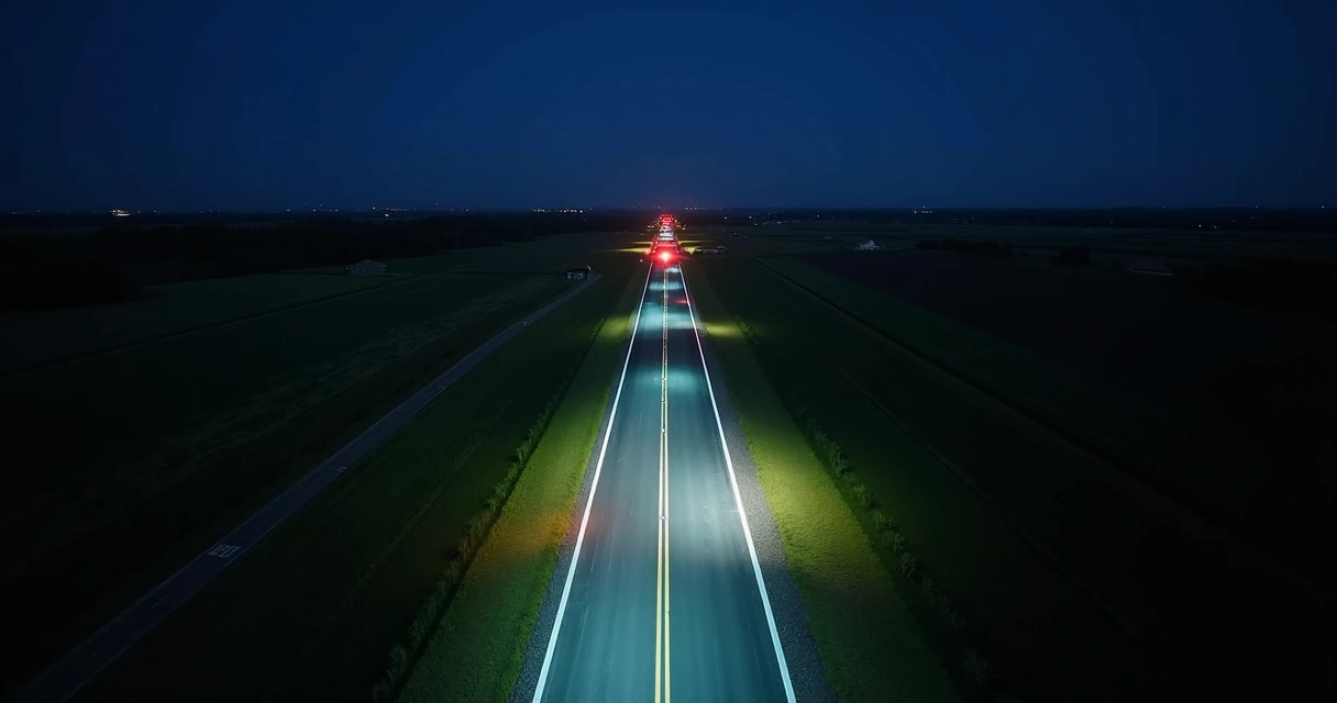 Pista de pouso privada com balizamento noturno aceso em área rural 