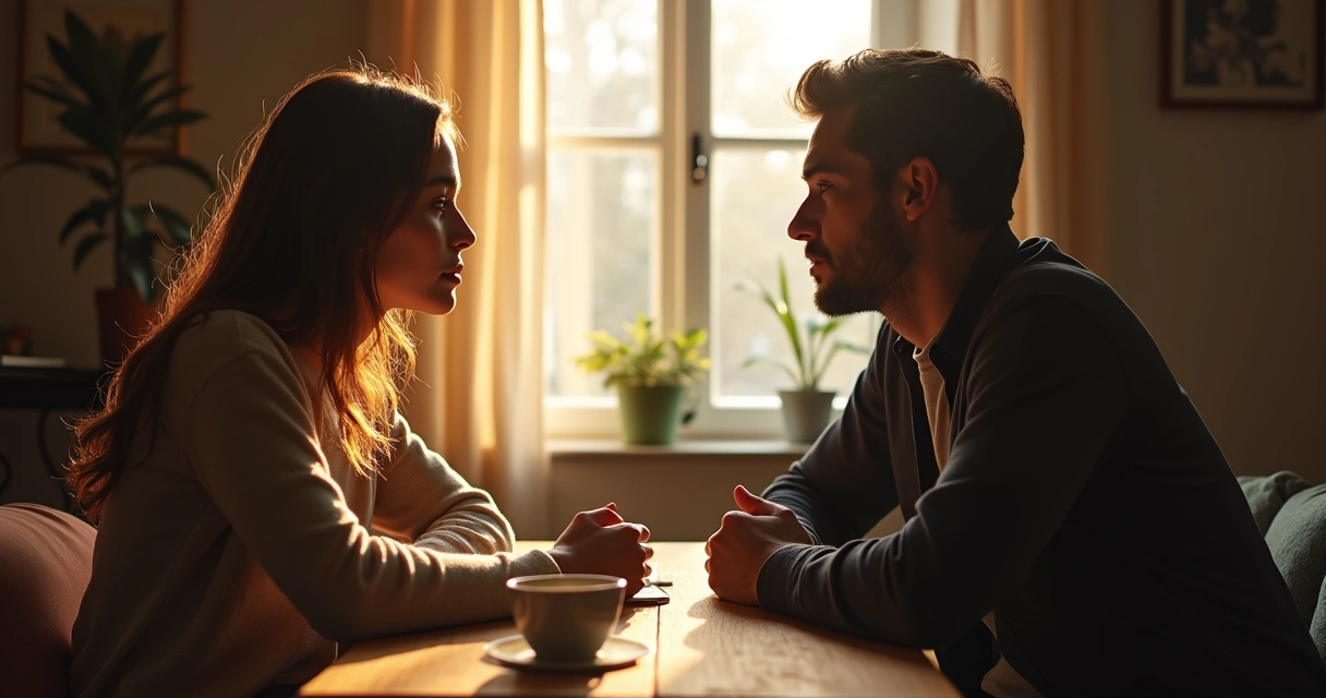 Duas pessoas sentadas frente a frente, conversando em uma sala bem iluminada, com expressões de atenção e reflexão. 
