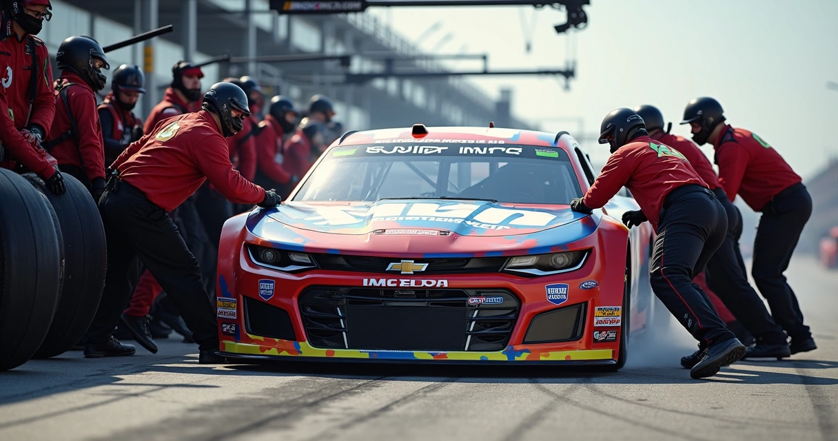 Equipe realizando pit stop rápido em carro da NASCAR 