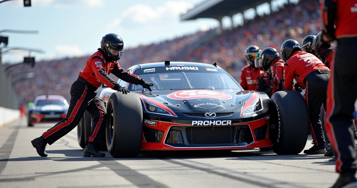 Equipe executa pit stop rápido em carro de NASCAR 