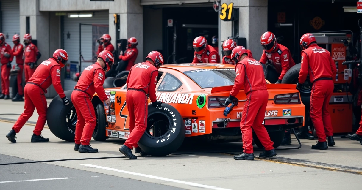 Equipe de pit stop troca pneus de carro de NASCAR 