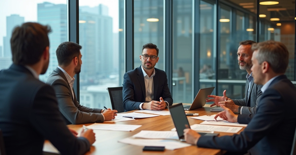 Empreendedores apresentando pitch a investidores em sala de reunião 