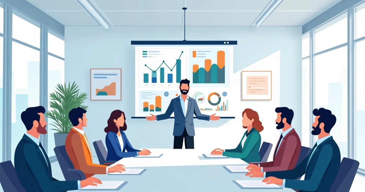 Apresentação de pitch deck com gráficos e equipe, cenário profissional e ambiente moderno