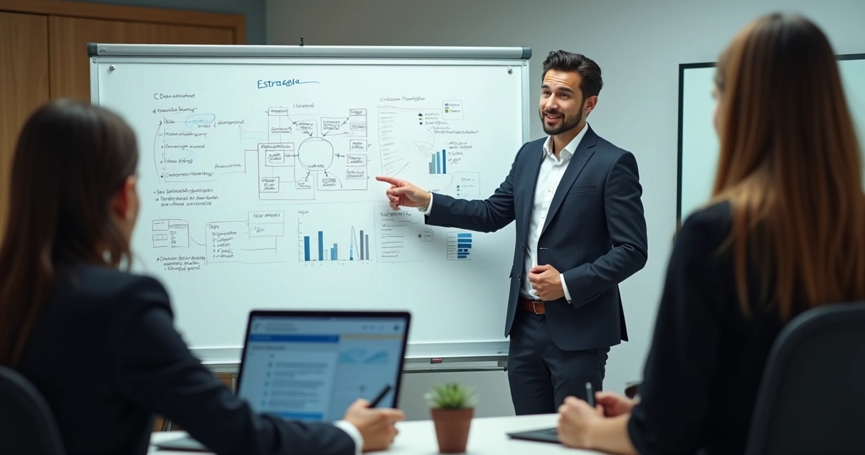 Pessoa explicando ideia de trading em lousa 