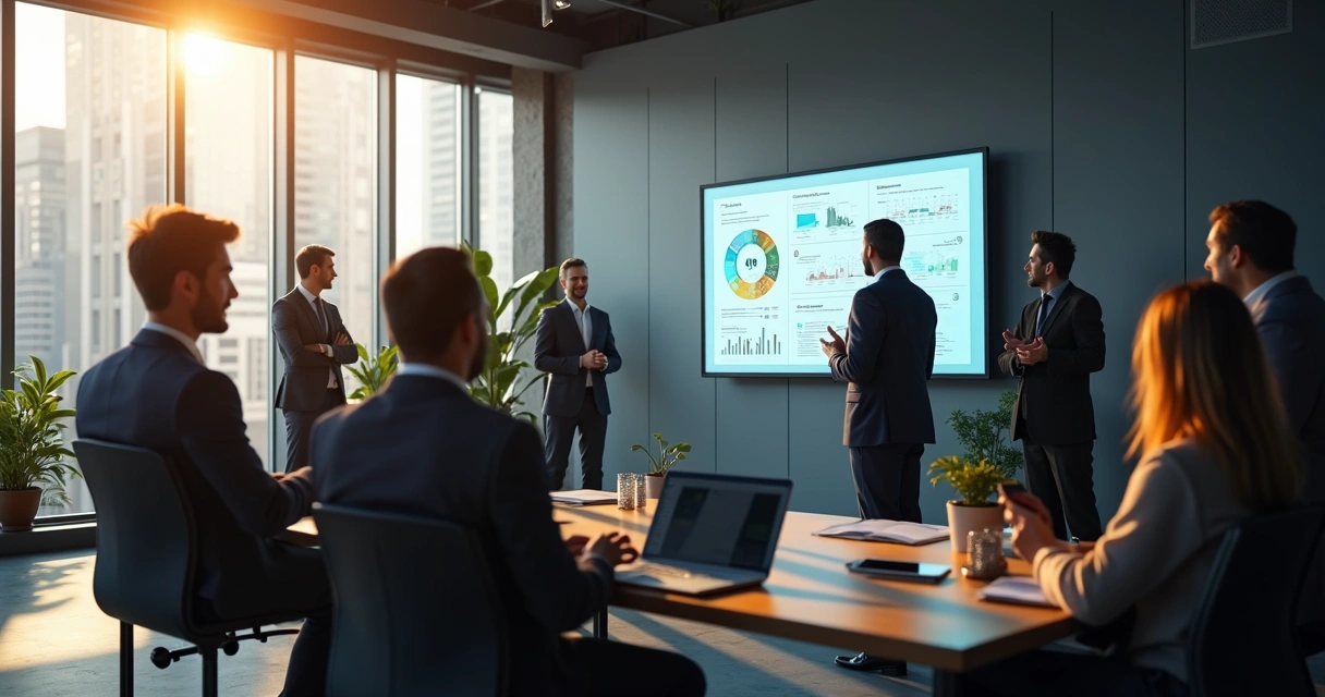 Equipe de startup apresentando pitch para investidores em sala de reunião moderna 
