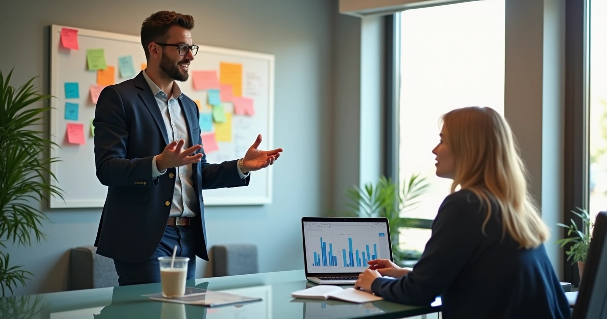 Vendedor fazendo apresentação para cliente atento 