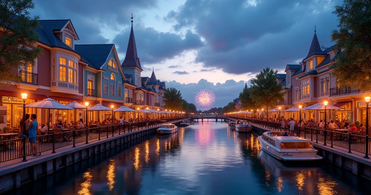 Vista panorâmica do Disney Boardwalk iluminado ao anoitecer com pessoas caminhando pelo calçadão à beira do lago 