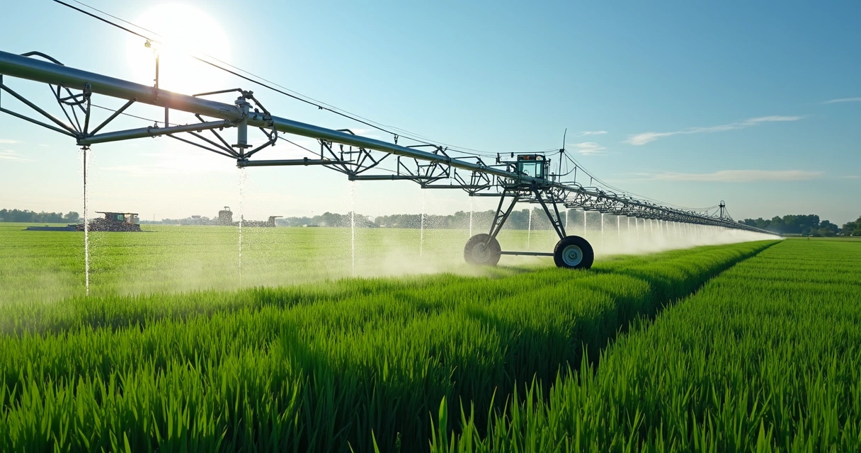 Pivô de irrigação acionado sobre plantação verde