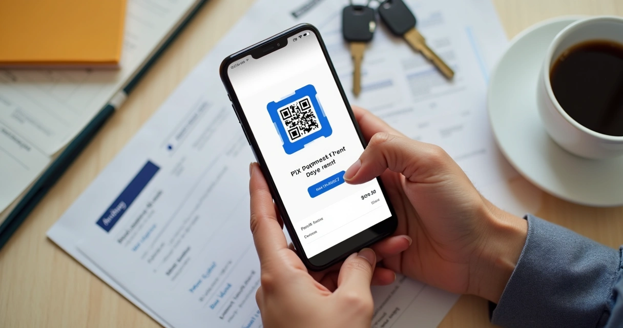 Celular exibe código QR do PIX para pagamento de aluguel, mãos digitam valor 