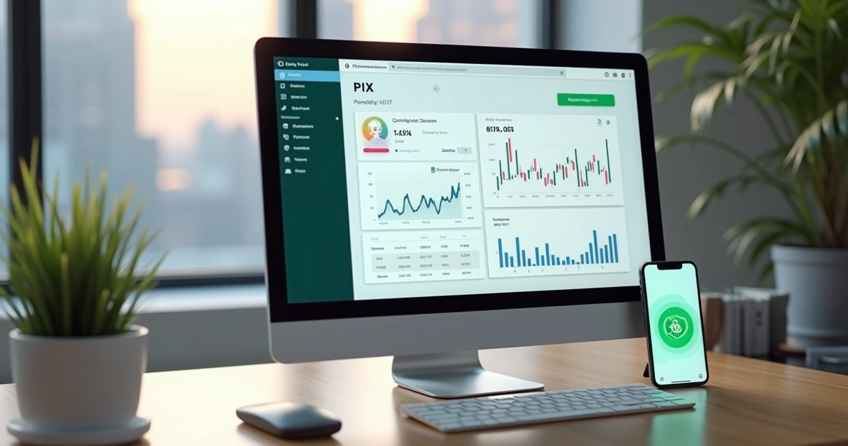 Tela de computador com interface de cobrança PIX automática, gráficos financeiros, e smartphone mostrando mensagem de confirmação de pagamento via WhatsApp 