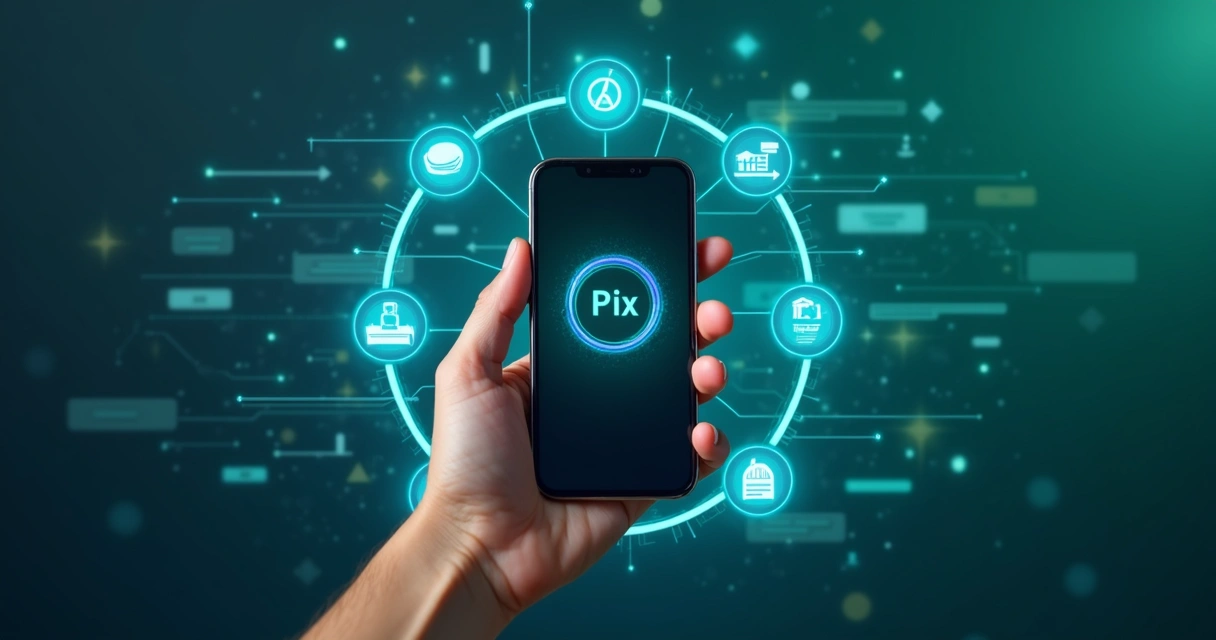 Processo de pagamento automático via Pix em smartphone com ícones digitais ao redor 