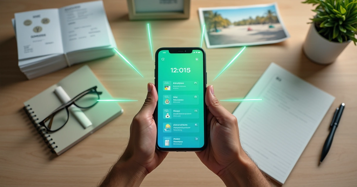 Pessoa adulta segura celular com fluxo de pagamentos Pix automáticos ligado a contas e sonhos desenhados numa parede clara 