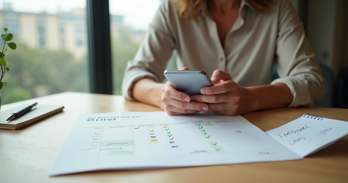 Mulher de meia idade ajusta pagamentos automáticos de Pix no celular sobre mesa com calendário e contas 
