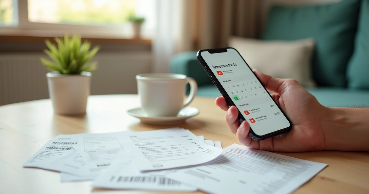 Mão segurando celular com agenda de pagamentos automáticos via Pix em mesa com contas organizadas 