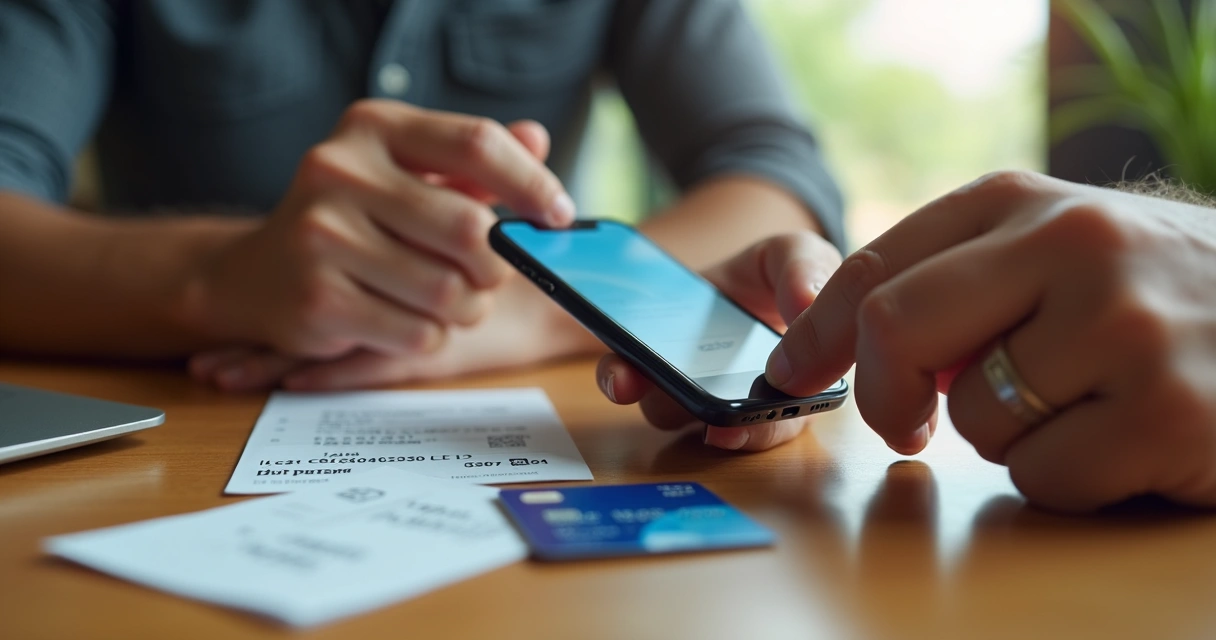 Pessoa usando aplicativo em smartphone para pagar um boleto com cartão de crédito 
