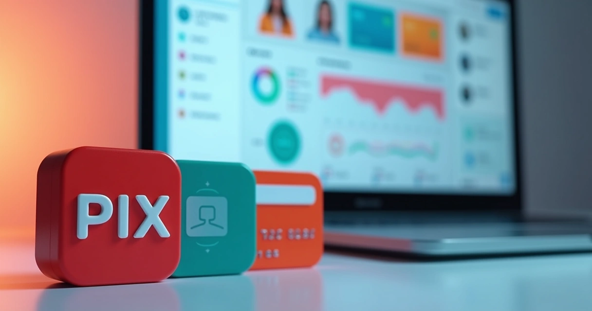 Ícones Pix, boleto e cartão junto a painéis de software house 