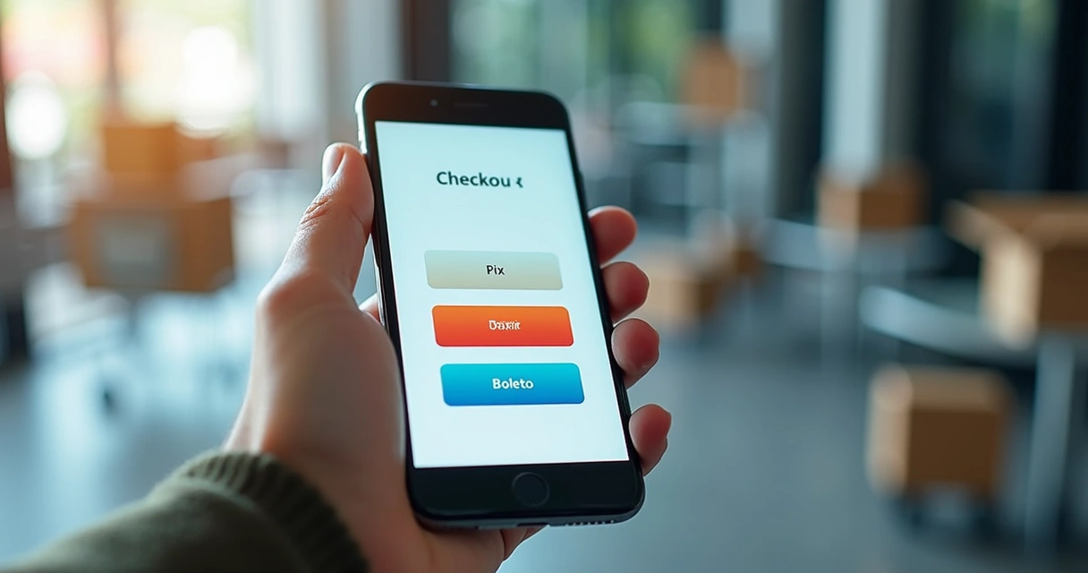 Pessoa usando celular em loja virtual com opções de Pix, cartão e boleto no checkout.