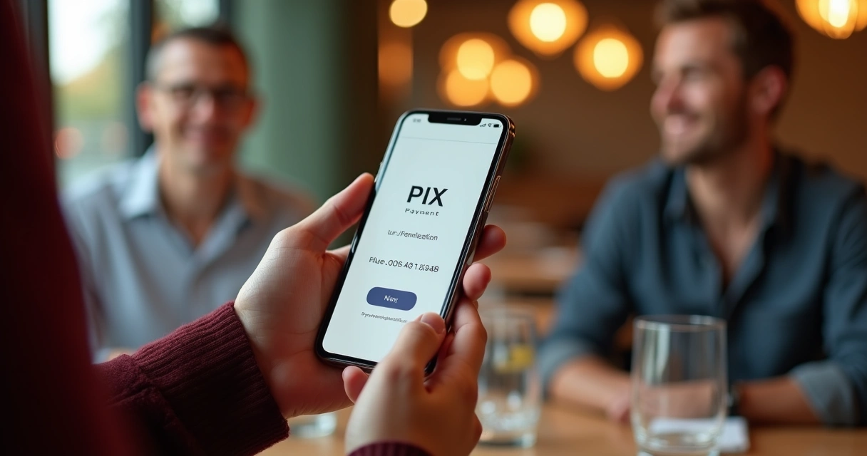 Garçom mostrando tela de pagamento PIX em celular a cliente 