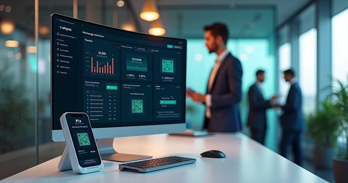 Empresário analisando painel digital com QR Codes Pix dinâmicos e dados financeiros 